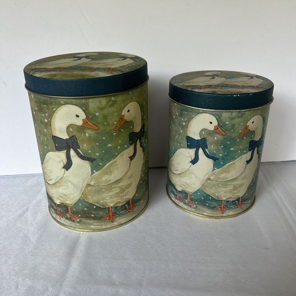 Vintage 1980s Country Winter Geese Nesting Tin Canisters - Set of 2, Blue Bows